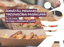 Ēdiena foto ar baltu graiku un tekstu par uzsaukumu ēdināšanas pakalpojumu sniedzējiem