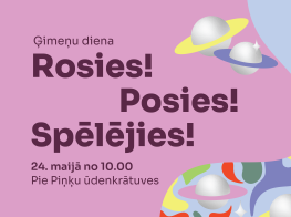 Rozā fons ar krāsainu grafiku un tekstu par pasākumu