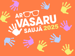 Koši oranžs fons ar baltu tekstu un krāsainām plaukstiņām grafikā