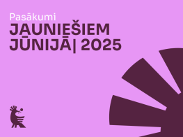 Koši rozā fons ar violetu grafiku un tekstu par jauniešu pasākumiem