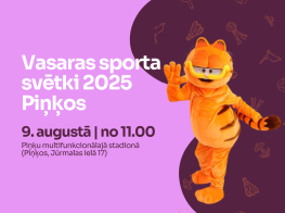 violeti rozā vizuālis ar baltu tekstu un ar oranžu kaķa talismana tērpu