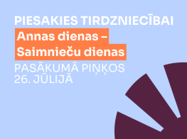 Gaiši zils fons ar baltu, koši oranžu un tumši sarkanu grafiku un tekstu
