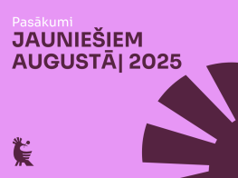 Rozā fons ar tumši sarkanu grafiku un tekstu par pasākumiem jauniešiem
