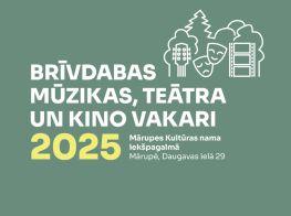 Zaļš fons ar balti dzeltenu tekstu un grafiku virsū