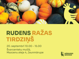 Koši dzeltens fons ar krāsainiem ķirbjiem un tekstu par tirdziņu