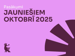 Rozā fons ar tumši sarkanu un baltu tekstu un grafikas elementiem
