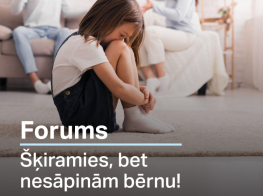Gaišs istabas fons ar mazu meiteni un uz bildes teksts gaišiem burtiem par foruma norisi