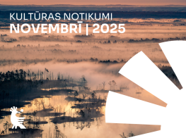 Puva skats saullēktā ar baltu elementu un teksta grafiku