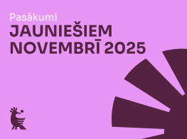 Koši rozā fons ar violetu grafiku un tekstu par jauniešu pasākumiem
