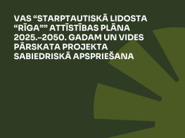 Tumši zaļš fons ar gaiši zaļu zīmējumu par VAS “Starptautiskā lidosta “Rīga”” attīstības plāna 2025.–2050. gadam un vides pārskata projekta nodošanu sabiedriskajai apspriešanai