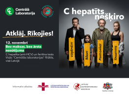 Melna afiša ar dažādu krāsu elementiem informēšanai par C hepatītu