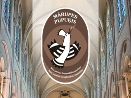 Brūna toņa fons ar logo un putna grafiku