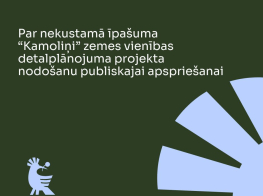 Tumši zaļš fons ar tekstu par detālplānojuma projekta nodošanu publiskajai apspriešanai