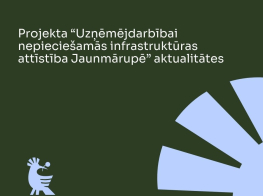 Tumši zaļš fons ar projekta nosaukumu "Uzņēmējdarbībai nepieciešamās infrastruktūras attīstība Jaunmārupē