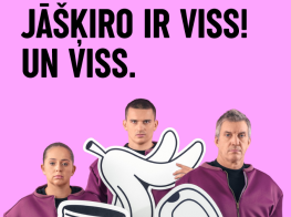 Koši rozā fons ar cilvēku siluetiem un tekstu par atkritumu šķirošanu