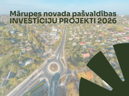 Pilsētas skats no drona ar tumši zaļu elementu un teksta grafiku