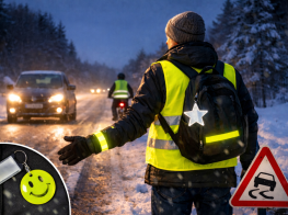 Ziemas laiks uz ceļa un priekšplānā cilvēks ar atstarotājiem