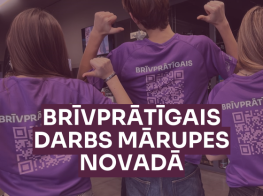 Violets fons ar cilvēku siluetiem un baltiem burtiem