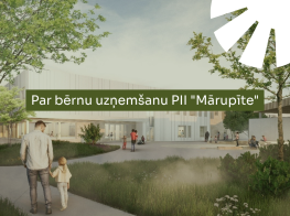 Zaļš vizuālis ar baltiem burtiem un baltu elementu