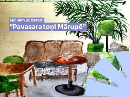 zīmēts telpas iekārtojums ar dīvānu un telpaugiem akvareļu tehnikā un info par izstādi