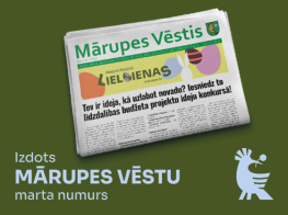 Tumši zaļš fons ar tekstu par Mārupes Vēstis izdošanu un vāka bilde