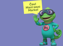 Violets fons ar krāsaina animācijas varoņa grafiku