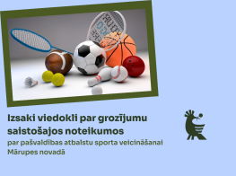 Gaiši zils fons ar krāsainu sporta piederumu foto un tekstu par saistošo noteikumu projektu