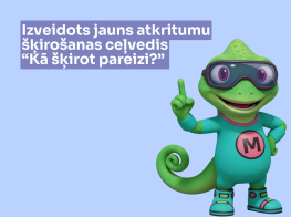 Gaiši zils fons ar krāsaina animācijas tēla grafiku un tekstu