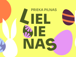 uz dzeltena fona, raibas Lieldienu olas un baltas olas ar zaķa ausīm un teksts - prieka pilnas Lieldienas