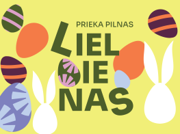 uz dzeltena fona, raibas Lieldienu olas un stilizēti balti zaķi. Sveiciena teksts - prieka pilnas Lieldienas