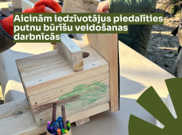 Foto ar putnu būrīšu veidošanu un teksta grafiku