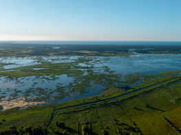 Ezers un pļava saulainā dienā