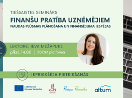 Vizuālis ar tekstu par finanšu pratības semināru