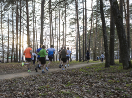 Cilvēki skrien mežā