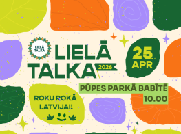 Krāsainu elementu grafika ar tekstu par Lielo talku