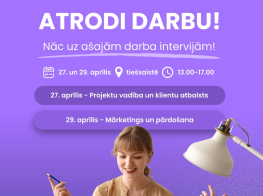 uz lillā fona smaidīga jauniete un tekstuāla informācija par darba intervijām