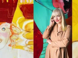 māksla fonā, priekšplānā mākslinieces foto portrets