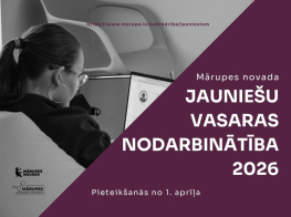 melnbalta bilde ar jauniešiem pie datora un papildus tekstuāls info par pieteikšanos vasaras nodarbinātībai