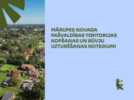 Gaiši zils fons ar pilsētas skatu no drona un teksta grafiku